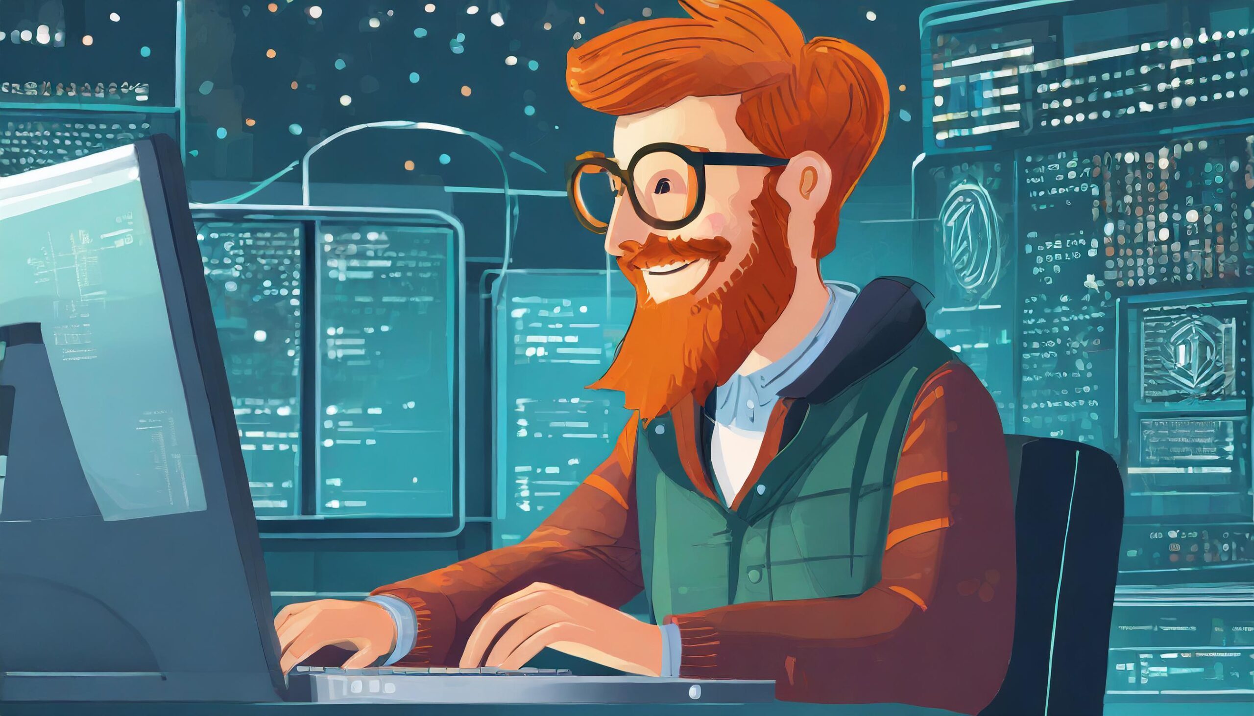 a scandinavian web devloper sits at his computer working on the code for a website 26329