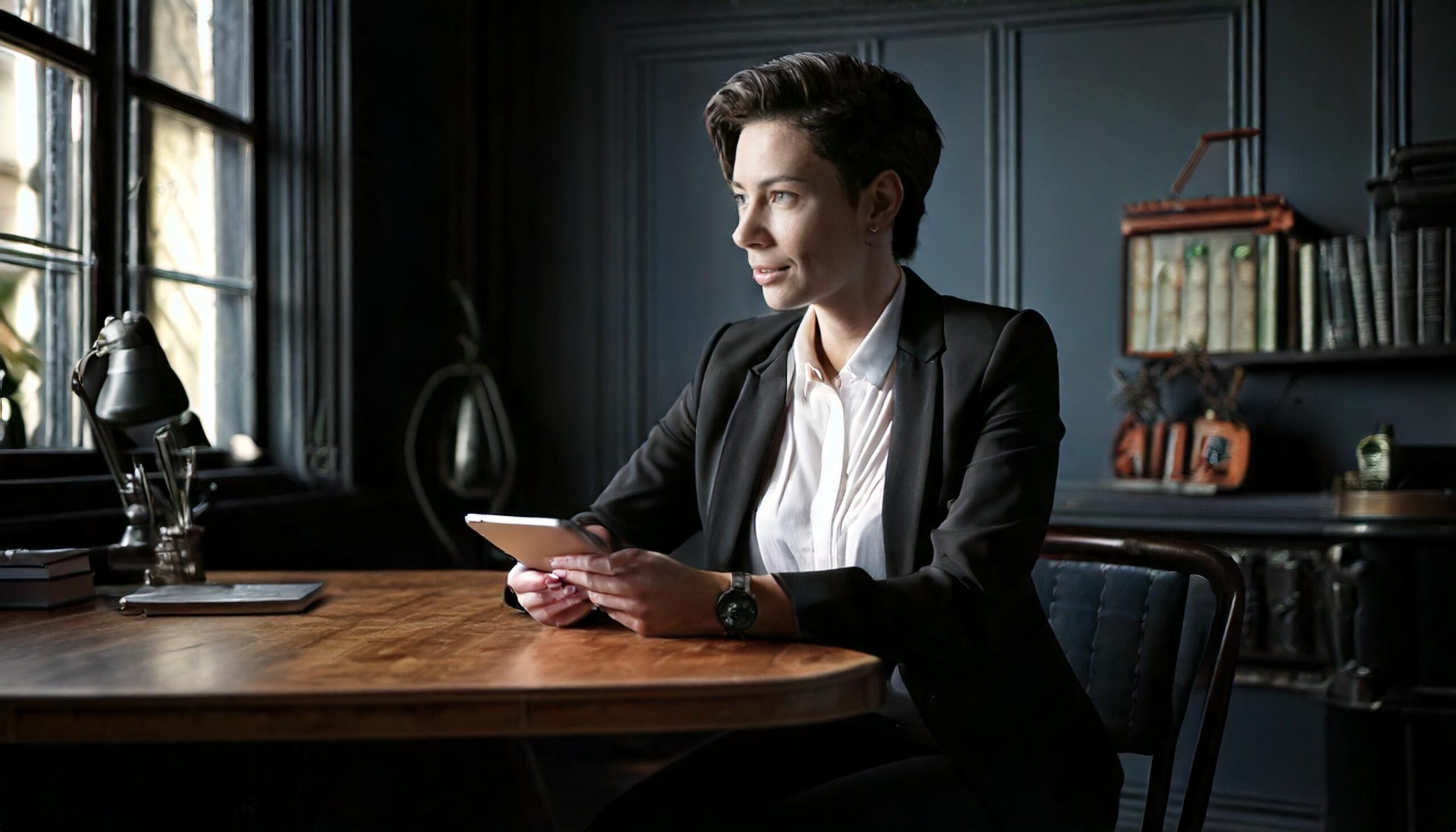 professor at a university sitting at her desk looking at an ipad and smiling 35267